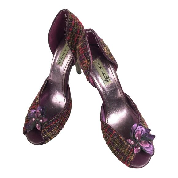 Steve Madden Tweed Heels Size 8 Womens Purple Peep Toe Fabric Flower Pumps - Picture 1 of 9